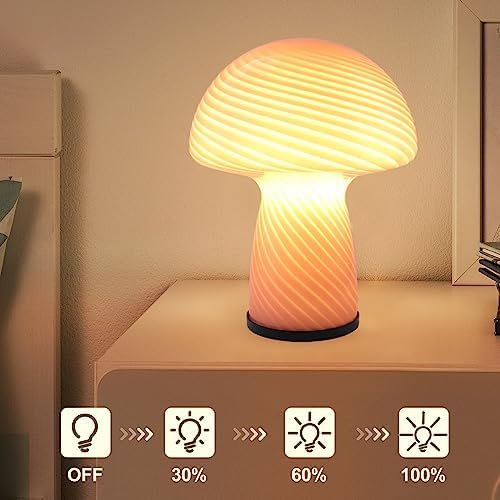 NOTOC Mushroom lamp,Dimmable Glass Table Lamp,Vintage Style Table Lamp,Stripe Pink Bedside Desk lamp,Cute Table Lamps.（LED Bulbs Included） - Image 4