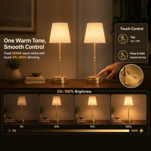 Cordless Table Lamps 2 Pack, Rechargeable Battery Operated Lamps, Gold - Image 4