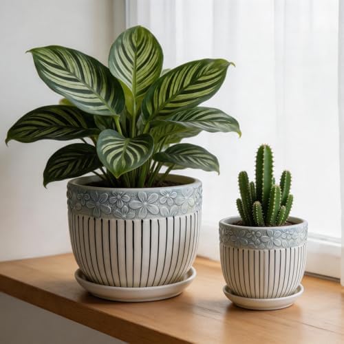 Vintage Flower Pots for Indoor Plant, Round Ceramic Plant Pots with Drainage Holes and Saucers, 6.7/5.2/3.9 Inches Retro Flower Planters Set of 3 - Image 4