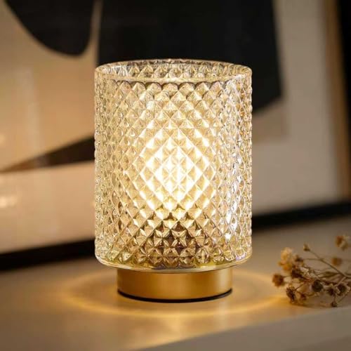 Battery Operated Lamp,Cordless Glass Accent Table Lamp with Timer for Bedside,Small Decorative Lamp with Warm White LED Bulb for Nightstand/Bookshelf/Entryway/Tabletop/Counter Decor(Iridescent Clear) by Ularoom