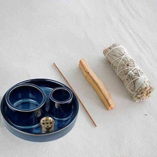 4 in 1 Incense Holder, Ceramic Incense Stick and Palo Santo Holder,Sage Holder for Burning- 4.25" Ceramic Ash Catcher Tray for Meditation and Yoga Room (Blue) - Image 6