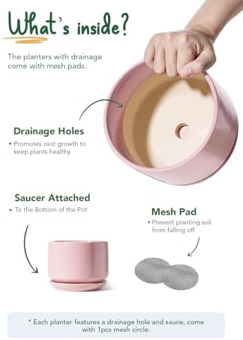 LE TAUCI Ceramic Plant Pots, 4.3+5.3+6.8 inch, Set of 3, Planters with Drainage Hole and Saucer, Indoor Flower Pot with Hole Mesh Pad, Gifts for Mom, Pink - Image 5
