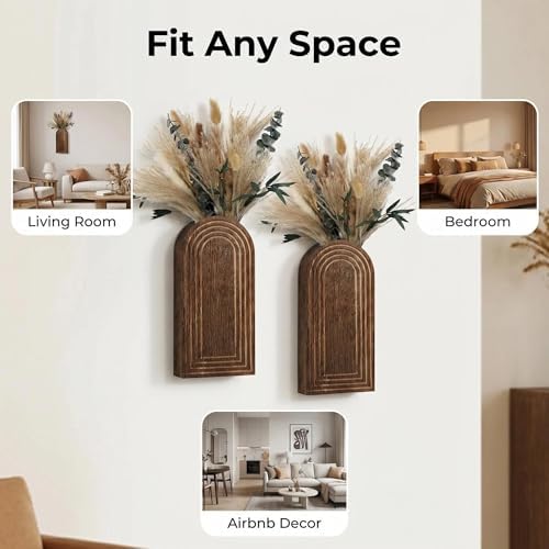 Set of 2 Wooden Wall Vases with Dried Pampas Grass & Eucalyptus, Boho Farmhouse Decor for Living Room, Entryway, Bathroom, Rustic Home Art(Dark Brown) - Image 4