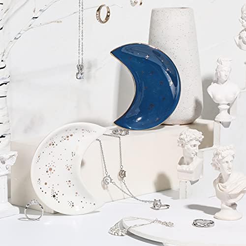 Patelai 2 Pieces Moon Trinket Tray Jewelry Plate Trinket Dish Tray Ring Ceramics Jewelry Dish Gifts for Rings, Earrings, Bracelets, Necklaces, Crystals Stones(Blue, White) - Image 4