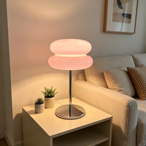 Table Lamp for Bedroom,Mid Century Modern Lamp for Nightstand, Dimmable Retro Egg Tart Bedside Small Lamps,Unique Home Mushroom Decor Aesthetic Cute Table Lamps nightstand lamp (Pink) - Image 4