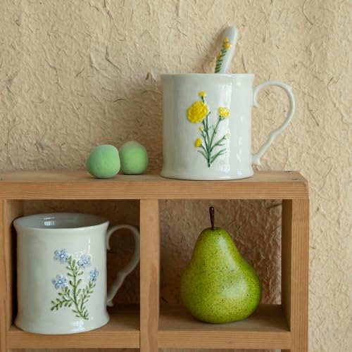 2 Pack Floral Ceramic Coffee Mugs - Yellow and Blue Flowers, Hand-Painted, Microwave & Dishwasher Safe, Ideal for Cappuccino, Tea, Hot Chocolate - Image 3