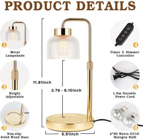 Funistree Candle Warmer Lamp with Timer Dimmer, Adjustable Height Christmas Birthday Gifts for Women Mom, Modern Gold Candle Warmer, Vintage Home Decor for Scented Jar with 2 Bulbs - Image 5