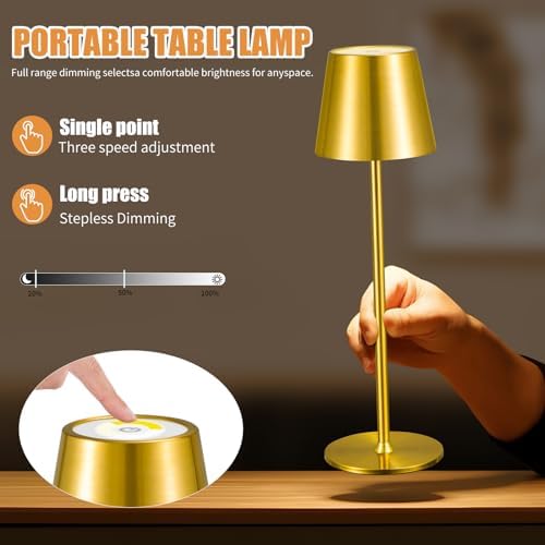 2 Pack Cordless Table Lamp,Portable LED Desk Lamp, 6000mAh Battery Operated, 3 Color Stepless Dimming Up, for Restaurant/Bedroom/Bars/Outdoor Party/Camping/Coffee Shop Night Light(Gold) - Image 3