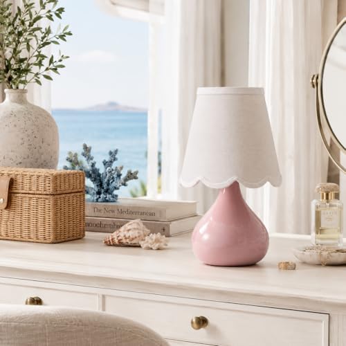 12" Cordless Table Lamp, Small Rechargeable Pink Ceramic Bedside Lamp with Magnetic LED Bulb, 3 Colors & Stepless Dimmable, Battery Operated Aesthetic Scalloped Lamp for Bedroom, Nursery, Girls Room - Image 4
