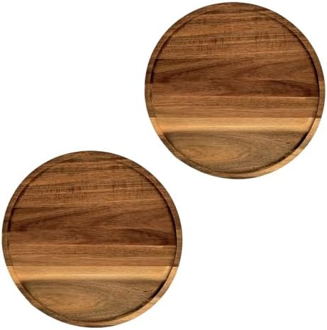 Set of 2 Round Wooden Decorative Serving Tray 11.8 Inch for Coffee Table and Home Decor, Round Wood Tray for Table Centerpiece, Small Candle Tray, Acacia, Appetizer Charcuterie Board by PINXIURY