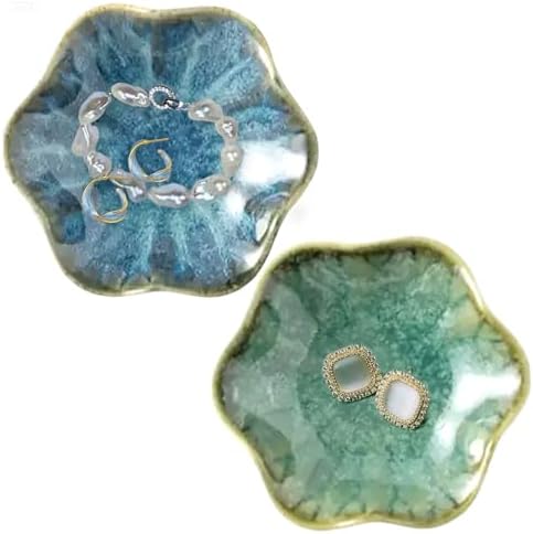 2 Pack Lotus Leaf Shape Ceramic Jewelry Dish - Green, Blue by Alshurlife