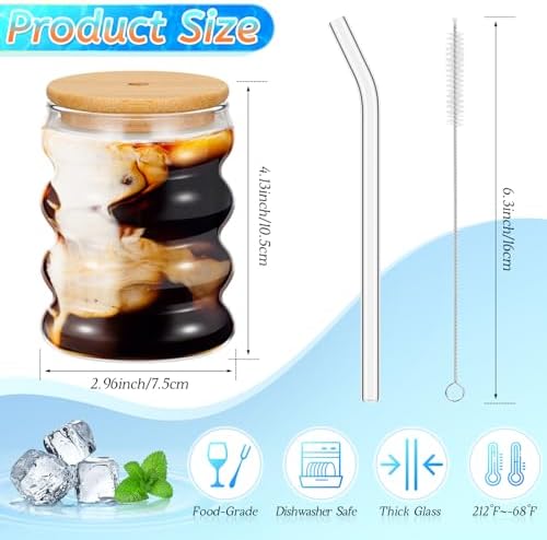 Tessco for you 4 Pcs Creative Glass Cups with Lids and Straws Brush, 12 oz Aesthetic Cup Iced Coffee Glasses Clear Ribbed Glassware Wave Tumbler Drinking Cups for Juice Coffee Beverage Bubble Tea - Image 2