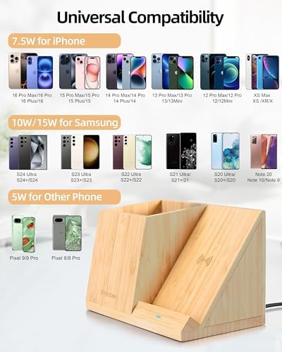 3-in-1 Bamboo Wireless Charger with Desk Organizer, Pen Holder for Desk - Image 4