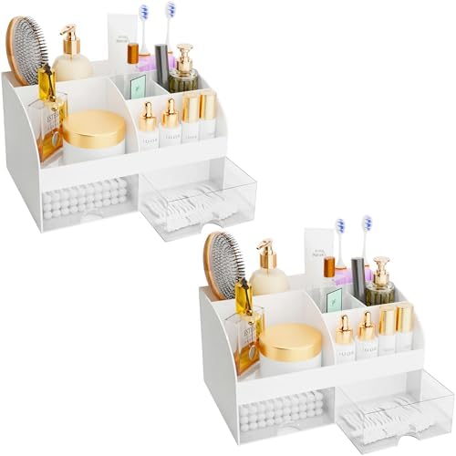 Makeup Organizer with Drawers, Cosmetic Storage for Dresser Vanity and Bathroom Countertop, Beauty Holder for Lipstick Brush, Skincare Organizer for Vanity, Cosmetic Display Case (White-2P) by COMFYROOM