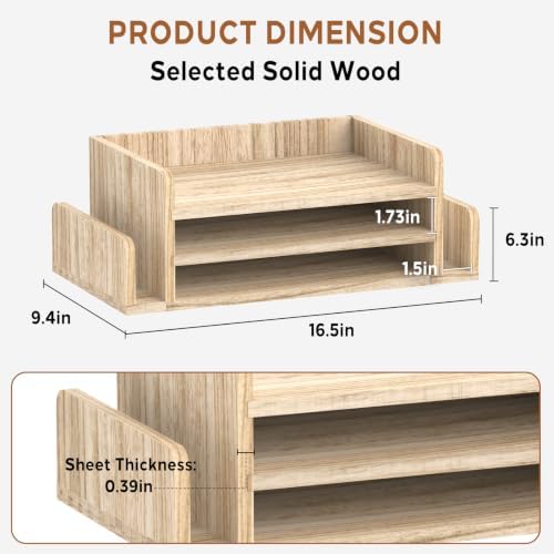 Wooden Desk Organizer, 3-Tier Paper Trays with 2 Mail Sorters, Natural Wood - Image 3