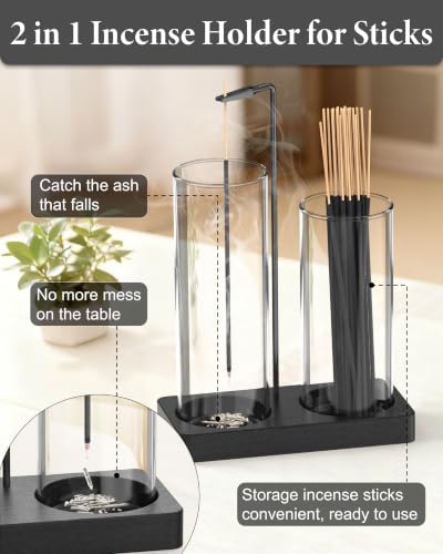 2 in 1 Incense Holder for Sticks with Glass Jars, Upside Down Anti-Ash Incense Stick Burner for Outdoor Patio, Vertical Incense Holder with Storage for Home Decor Spa Meditation and Black - Image 2