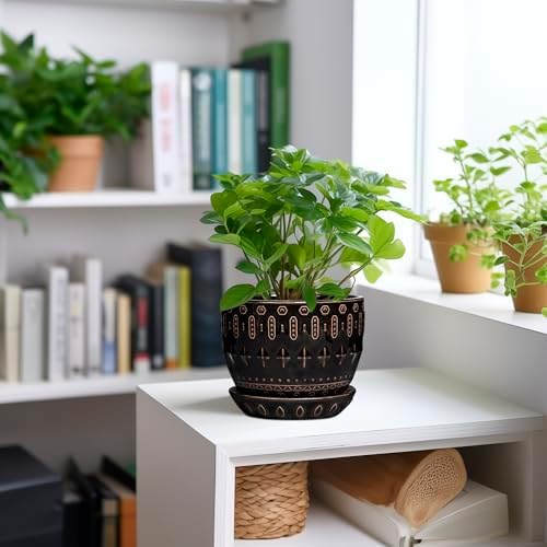 G EPGardening Ceramic Pot for Plants 5.5 Inch - Ceramic Plant Pot Indoor with Drainage Hole and Saucer, Round Boho Planter for Indoor Plants Outdoor, Housewarming Gifts, Garden Office Decor, Black - Image 2