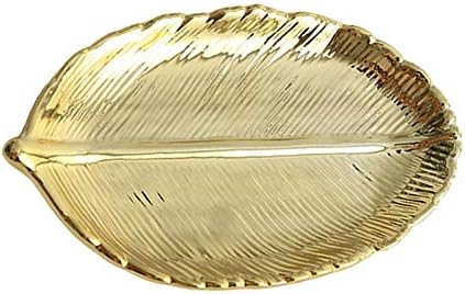 Lependor Golden Leaf Shaped Small Ceramic Jewelry Ring Dish Necklace Bracelet Holder Tray Organizer, Ceramic Decorative Trinket Dish for Wedding Party Woman Girl -Small Gold Leaf - Image 2