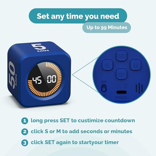 KADAMS Timer Pomodoro - Productivity Pomodoro Cube, 5/10/25/50 Min Countdown & Countup, Silent – for Work Study Workout Kitchen School Classroom Office ADHD Gift Kids (1, Navy Blue) - Image 6