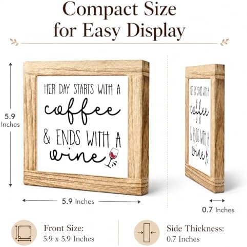 Coffee And Wine Wood Sign, Her Day Starts With Coffee Ends With Wine Plaque, Funny Kitchen Bar Decor, Rustic Shelf Accent For Countertop Dining Room Home Office, 5.9 x 5.9 in - Image 2