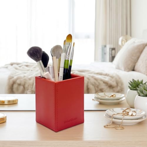UnionBasic Square Pen Holder, Leather Pencil Cup, Desktop Caddy Stationery Organizer, Red - Image 5