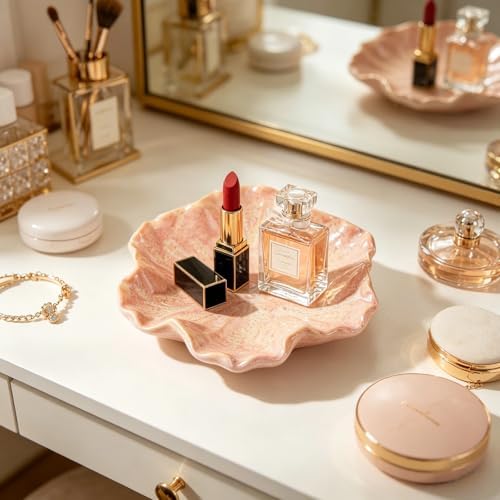 Flower Shaped Ceramic Jewelry Tray, Decorative Trinket Dish for Rings Earrings Necklaces, 5 Inch Ceramic Catchall Tray for Vanity Bathroom, Gift for Women (Pink) - Image 2