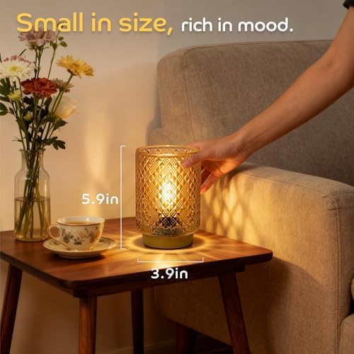 LUSHARBOR Battery Operated Lamp with Timer, Small Table Lamp Bedside Decor Ambient Light, Glass Cordless Battery Lamp for Bookshelf Living Room Entryway Diamond Design-Amber - Image 5