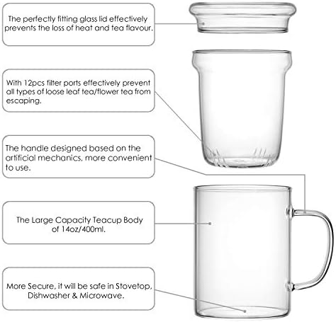 Glass Tea Infuser Cup with Filter and Handle for Blooming Loose Leaf, 14oz - Image 3
