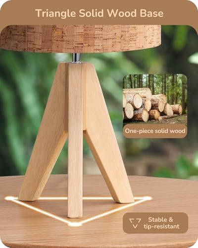 EDISHINE Small Table Lamp, Wood Tripod Nightstand Lamp, Bark Linen Shade - Image 2