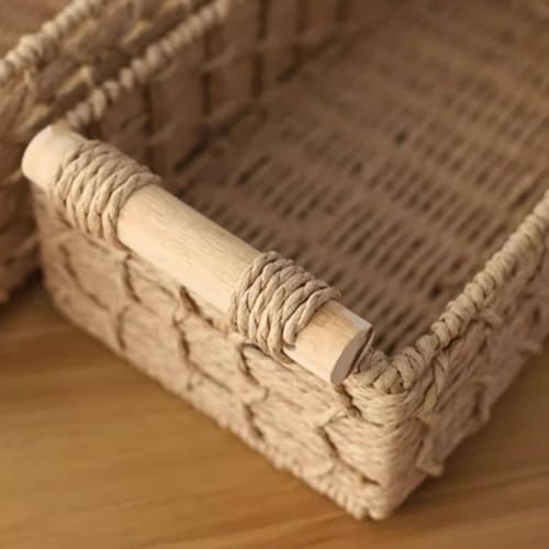 3 Pieces Handwoven Storage Basket Set With Woven Paper Rope Organizer With Wooden Handle Storage Bin Suitable for Home Organization Hallway Living Room, Khaki - Image 7