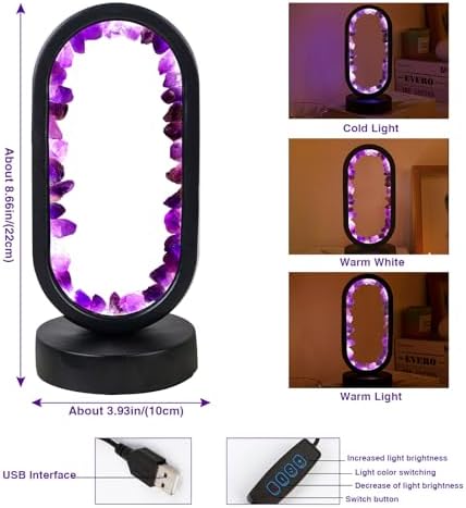 Runyangshi Crystal Lamp Amethyst Raw Stone Ellipse Night Lamp Natural Healing Crystal Night Light Table Lamp Base USB Port 3 Colours Mode for Bedroom Bedside Lamp Office Home Decor Gift - Image 2