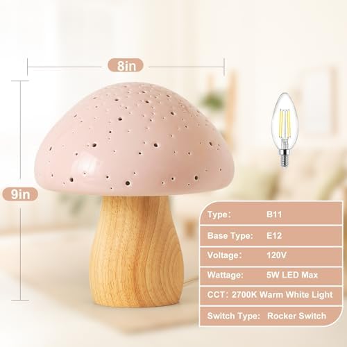 BOHON Mushroom Lamp Ceramic Bedside Table Lamp, Pink - Image 3