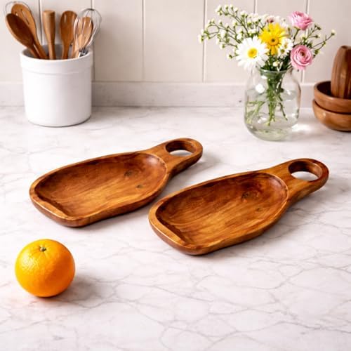Solid Teak Wood Serving Tray - 12.2" Handcrafted Curved Platter with Handle for Entryway Key Catchall, Kitchen Coffee Station & Party - Image 6