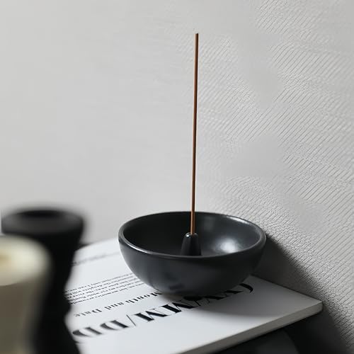 Black Ceramic Incense Holder Bowl - 3 Inch Round Incense Burner for Meditation, Home Decor, Ash Catcher with Center Hole for Thin Sticks - Image 3
