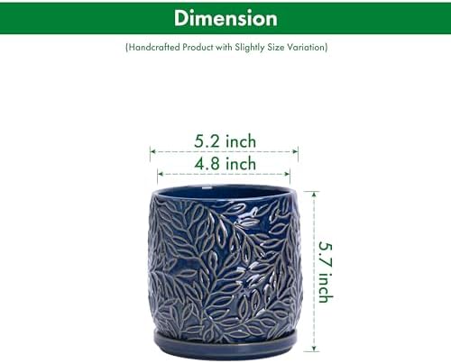 D'vine Dev Embossed Leaves Ceramic Planter, 5 in, Midnight Blue, 27-A-V-3 - Image 3
