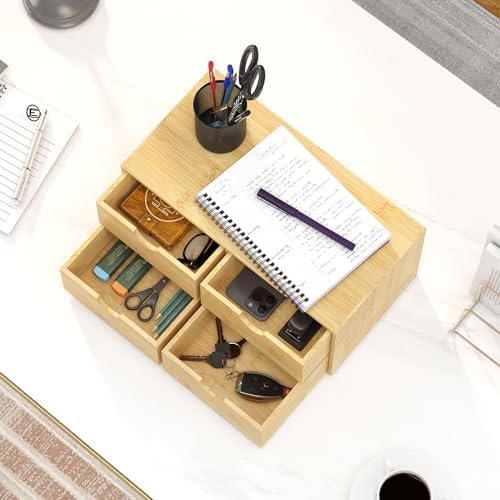 Bamboo Desk Organizer with Drawers, Desktop Storage Box for Office Supplies - Image 2