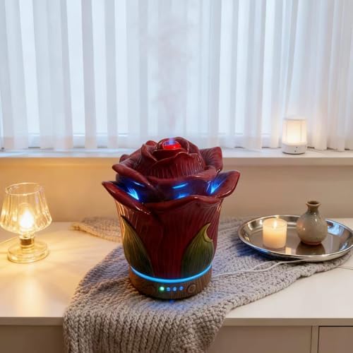 Ceramic Hand-Painted Rose Essential Oil Diffuser ，80 ml Timers Night Lights and Auto Off Function Home Office Humidifier (Crimson) by Minigift