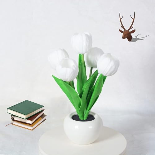 Flower Table Lamp Tulip Desk LED Night Light for Home Living Room Decor Artificial Flower with Vase Table Centerpieces for Birthday Holiday Party Wedding Room Decoration (White) - Image 4