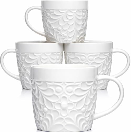 16 Oz Ceramic Coffee Mugs Set of 4, Rustic Embossed Nature Design, White by 25DOL
