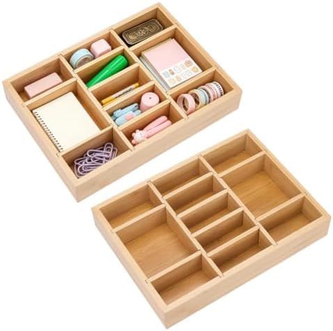 NBEADS 2Pcs Bamboo Desk Drawer Organizer, Bamboo Wood Organizer Tray with 8 Adjustable Dividers Office Desk Organizer Tray Divider Drawer for Office Supplies Makeup Jewelry Vanity, 9.02x12.09x2.01inch by NBEADS