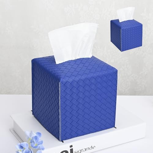 HOMOTEK 2 Pack Tissue Box Cover, Square PU Leather Tissue Holder, Decorative Facial Tissue Cube Paper Organizer Dispenser for Bathroom, Night Stands, Desk, Car 5X5X5'' - Woven Waffle,Blue by HOMOTEK