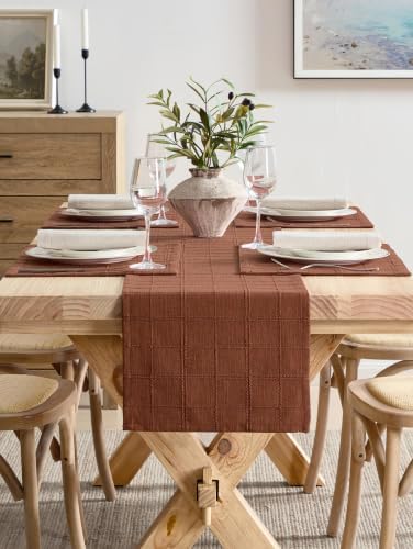 ZeeMart Linen Checked Farmhouse Table Runner, 13x108 Inches Terracota - Image 2