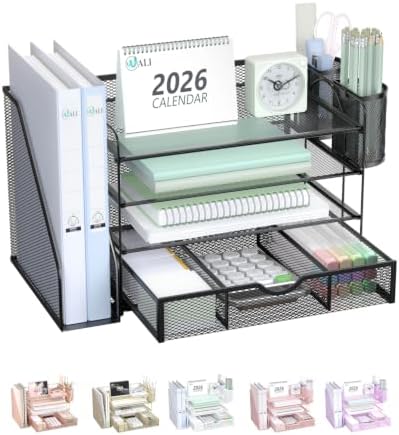 WALI Desk File Organizer, 4 Tier Desktop Paper Letter Tray Organizer with Drawer and 2 Pen Holders, Office Desk Accessories & Workspace Organizers for Office, Home Supplies(DO005DH-B), 1 Pack, Black by WALI