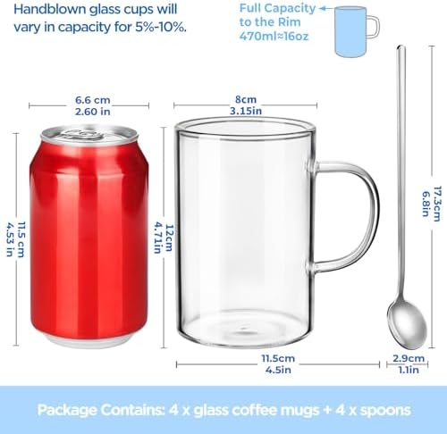 ecooe 16oz Borosilicate Glass Coffee Mugs Set of 4, for Cappuccino, Latte - Image 2