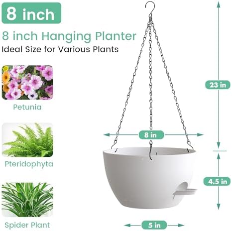 UOUZ 4 Pack 8 Inch Self Watering Hanging Planters for Indoor Outdoor Plants，Hanging Pots for Plants with Drainage Removable Tray, Hanging Baskets Flower Pots for Ivy Pothos Spider Garden Porch White - Image 3