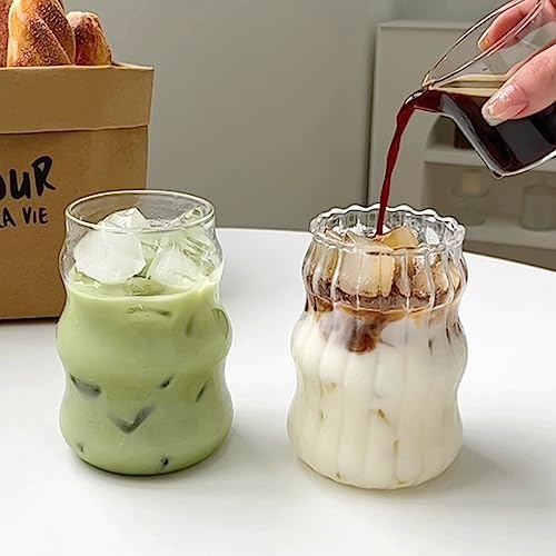 2 Pcs Ribbed Glass Cups 18 Oz Vintage Drinking Glassware Ripple Cocktail Glasses for Iced Coffee Juice Beverage Milk by GUOJOZO
