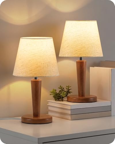 12" Wood Bedside Table Lamps Set of 2, Small Desk Lamps for Small Places, 3 Color Temperatures with Memory, Beige Linen Shade & E26 Bulbs, for Bedroom Living Room Office LE13TLP205 by GOEBLESON