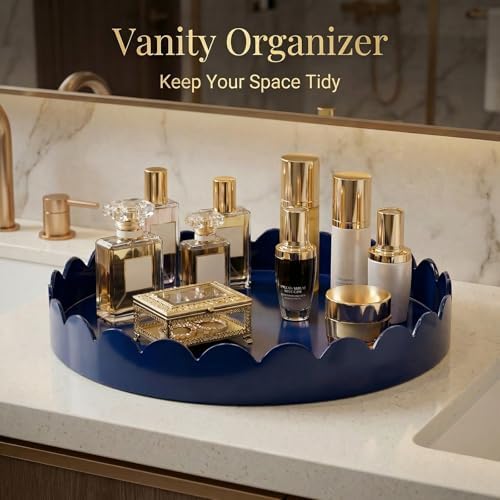 Gesodant 13" Round Scalloped Decorative Tray for Coffee Table Decor, Candle & Perfume Tray, Dining Table Centerpiece & Aromatherapy Candle Display, Modern Glossy Lacquer Look (Navy Blue) - Image 6
