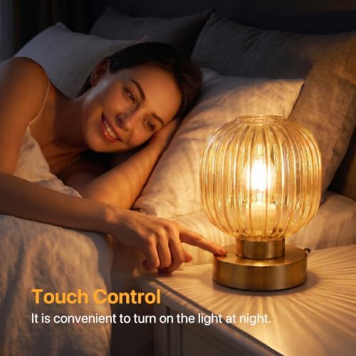 Elenhome Amber Touch Glass Table Lamp, 3-Way Dimmable Bedside Lamp, Vintage Mid-Century Modern Small Nightstand Lamp for Bedroom and Living Room, Ambient Mood Lighting, LED Bulb Included - Image 2