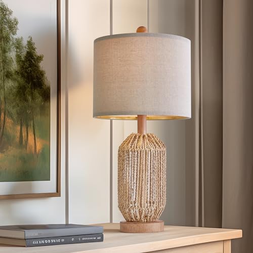 OYEARS 21" Boho Table Lamp for Living Room, Bedside Lamp for Nightstands, Rattan Lamp for Bedroom, Farmhouse Table Lamp for Room Decor, End Table, Retro, Brown, 1 Pack by OYEARS